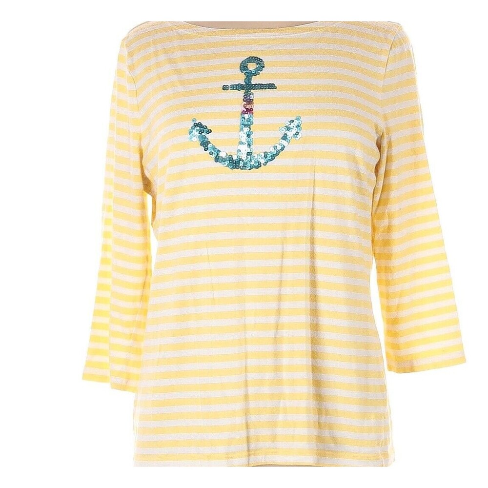 TALBOTS Womens Size Medium Yellow Striped‎ Sequin Anchor Pullover Top Cotton